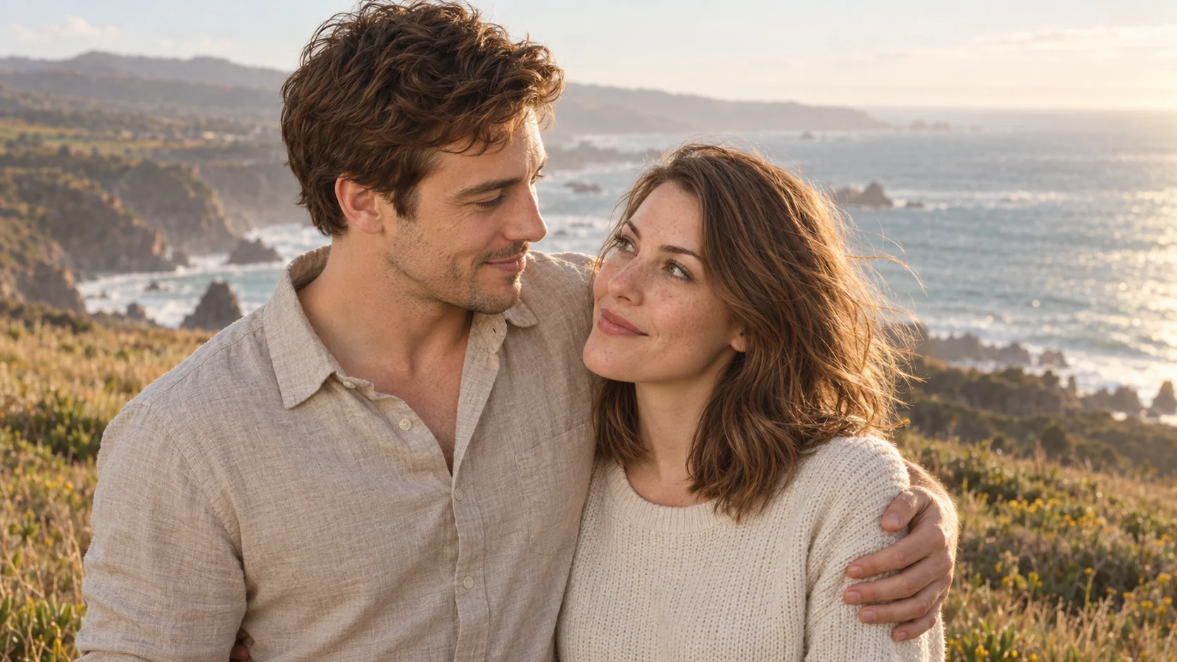 Illustrative matching embrace with both partners healthy at a sunny seaside overlook